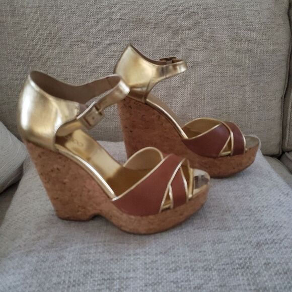 Jimmy Choo Brown/Metallic Gold Leather Pape Mirrored Cork Wedge Sandals Size 7 - Picture 10 of 16